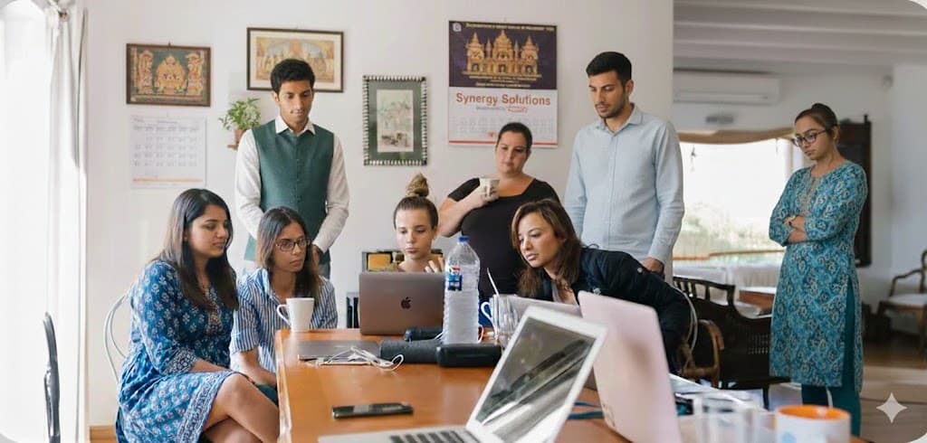 Team collaboration - people working together around laptops